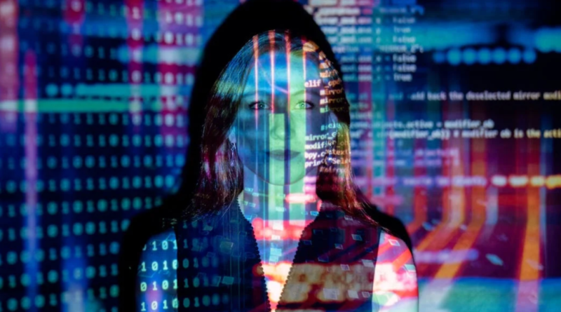 woman with code projected over face: AI, hacker