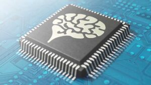 Computer chip illustration with AI artificial intelligence brain imprinted