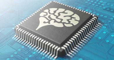 Computer chip illustration with AI artificial intelligence brain imprinted