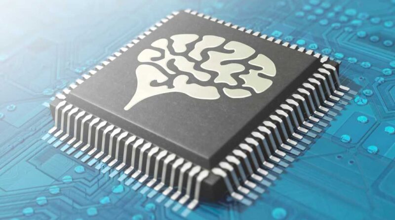Computer chip illustration with AI artificial intelligence brain imprinted