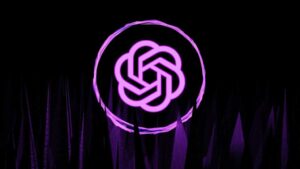 Glowing ChatGPT logo in a ring with abstract spikes