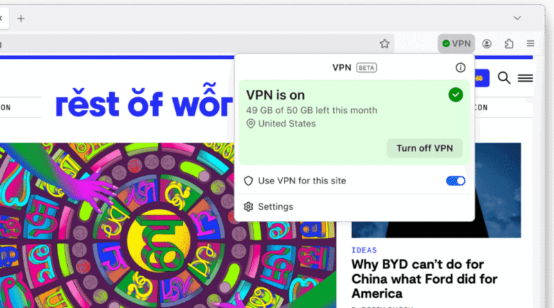Firefox free VPN screenshot
