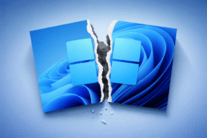 A Windows 11 logo ripped in half