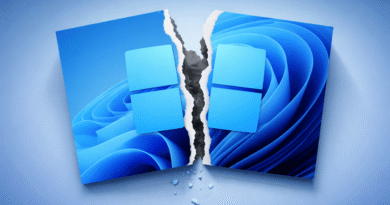 A Windows 11 logo ripped in half