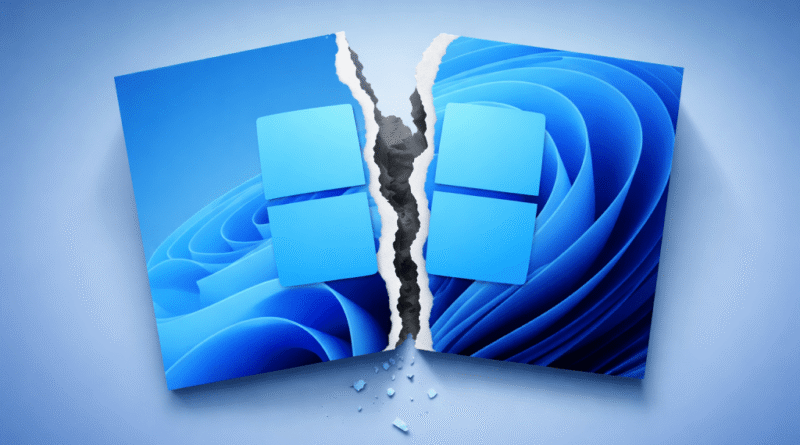 A Windows 11 logo ripped in half