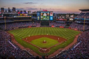 A baseball field at dusk