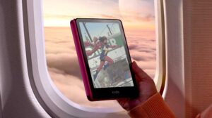 Amazon Kindle Colorsoft showing comic book on an airplane