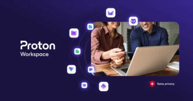 Proton Workspace showing app icons and people working on laptop