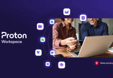 Proton Workspace showing app icons and people working on laptop