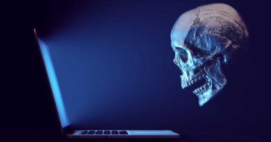 Totenkopf als Symbol für Hacker blickt ratlos auf Laptop-Bildschirm