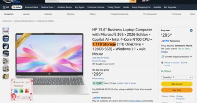 Amazon HP laptop listing with "1.1TB" of storage
