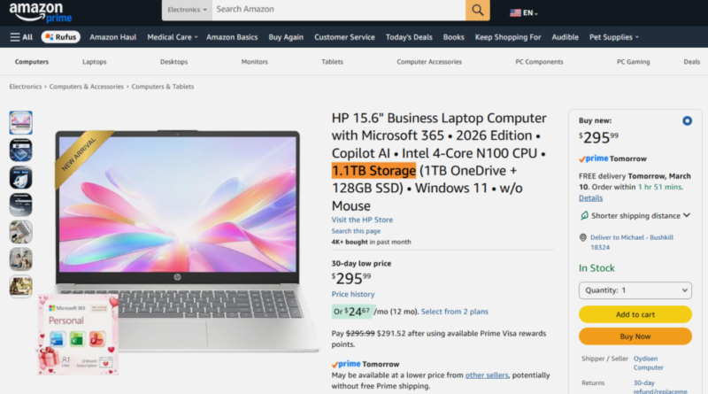 Amazon HP laptop listing with "1.1TB" of storage