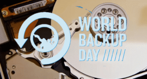 World Backup Day logo and hard drive