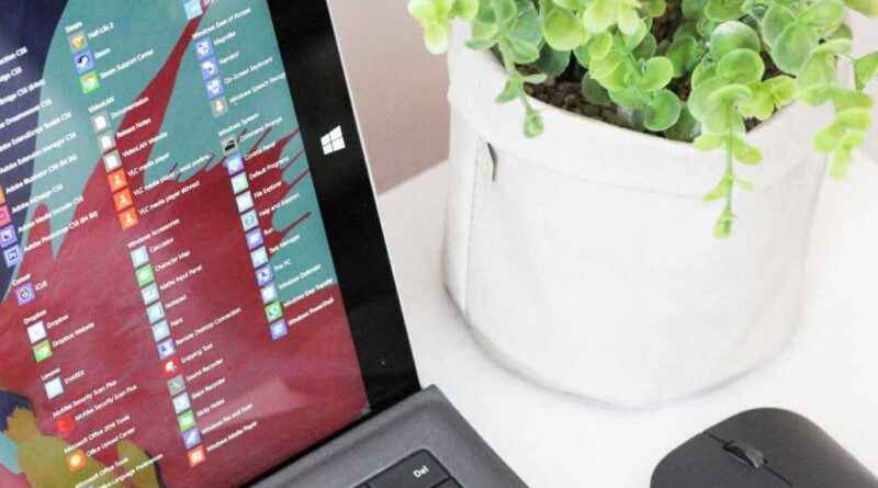List of apps on Windows PC laptop next to plant and mouse on desk