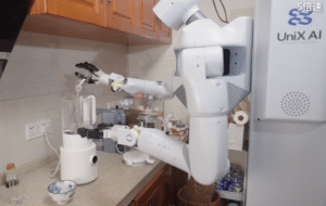 Unix AI Panther robot making a smoothie in a blender