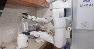 Unix AI Panther robot making a smoothie in a blender