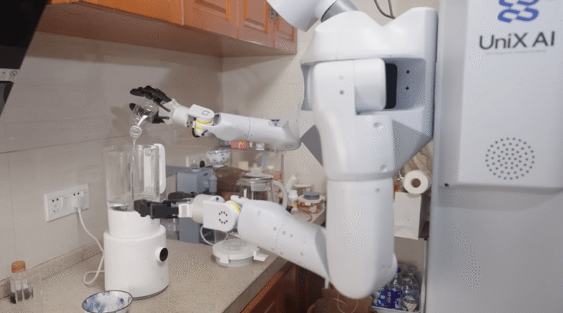 Unix AI Panther robot making a smoothie in a blender
