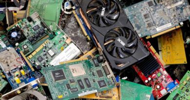 Used PC components hardware e-waste in a dump recycle