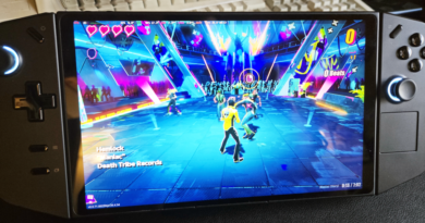 Lenovo Legion Go running Dead as Disco, with old keyboard in the background