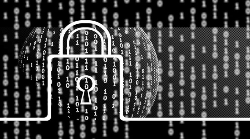 Black and white art of padlock over a stream of ones and zeros