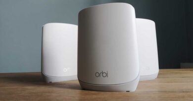 A Netgear Orbi RBR760 router and two RBS760 satellites, viewed from the front