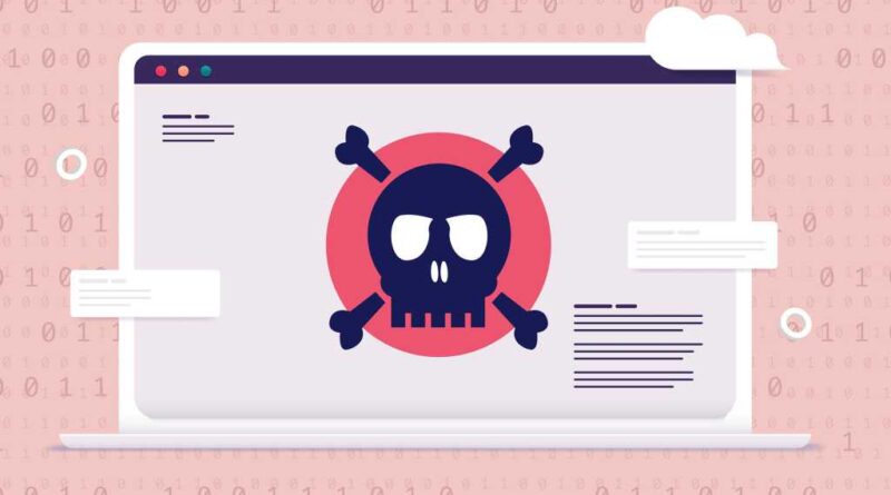 Computer virus - Laptop with red screen and skull showing danger and malware alert.