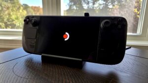 Steam Deck in docking station close up