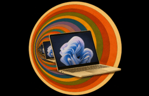 Microsoft Surface Laptop emerging from a wormhole