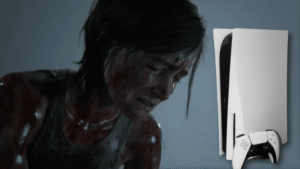 Ellie from The Last of Us with a PlayStation 5