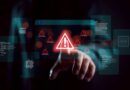 Security warning alert with shadowy scammer hacker in darkness