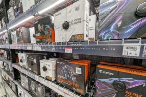 Motherboards on shelves at Micro Center in Santa Clara, CA