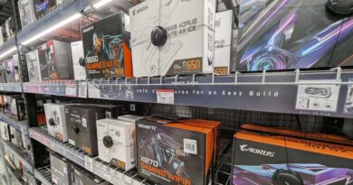 Motherboards on shelves at Micro Center in Santa Clara, CA