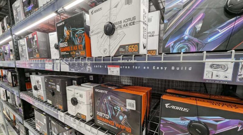 Motherboards on shelves at Micro Center in Santa Clara, CA