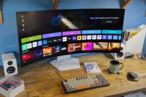 lg ultragear 39gx90sa monitor on desk from an angle