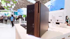 Gigabyte Aorus C400 Glass on a white desk at Computex 2026
