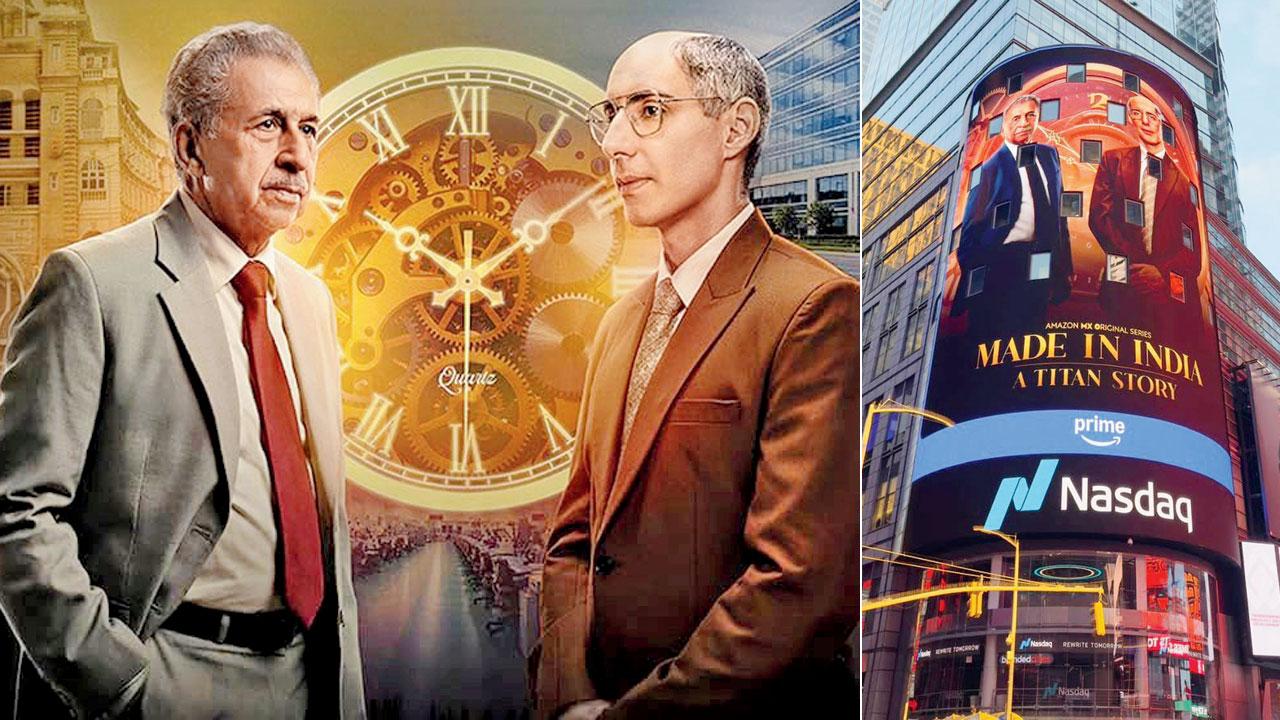 Naseeruddin Shah and Jim Sarbh in the web-series; (right) Made in India: A Titan Story lights up New York’s Times Square. Pics/By Special Arrangement