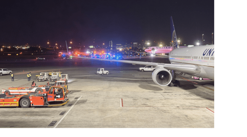 A photo that purports to show Flight UA236, grounded on the Tarmac, shot by Redditor louie08000.