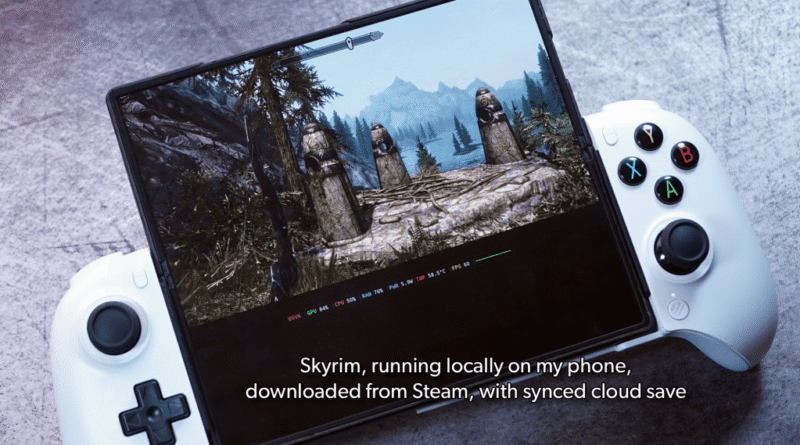 Skyrim running on a phone with a Bluetooth controller