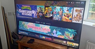 DIY Steam Machine running on a large TV on a wooden stand