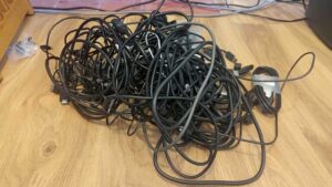 Messy bundle of USB-C cables prior to testing
