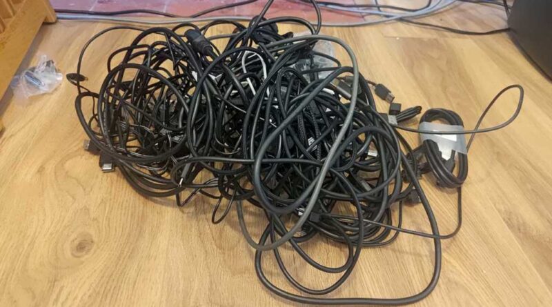 Messy bundle of USB-C cables prior to testing
