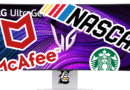 LG monitor covered in advertising logos