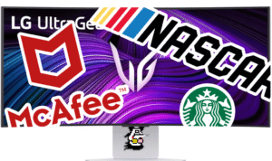 LG monitor covered in advertising logos