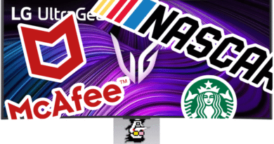 LG monitor covered in advertising logos