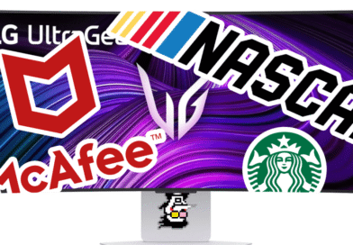 LG monitor covered in advertising logos