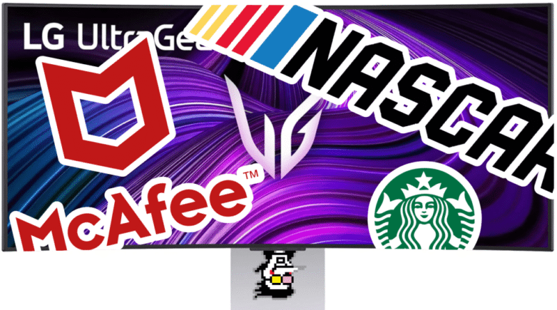 LG monitor covered in advertising logos