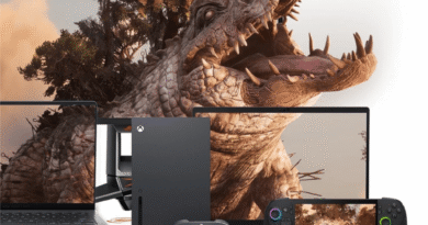 ROG Xbox Ally X and Xbox Series X console, with TV and laptops behind