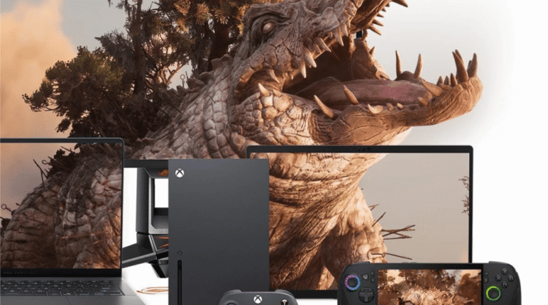 ROG Xbox Ally X and Xbox Series X console, with TV and laptops behind