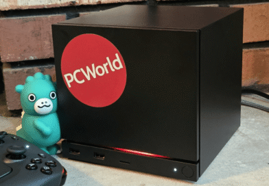 Steam Machine with PCWorld sticker and Godzilla figure