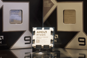 AMD Ryzen 9 9950X3D2 Dual Edition with boxed versions behind it